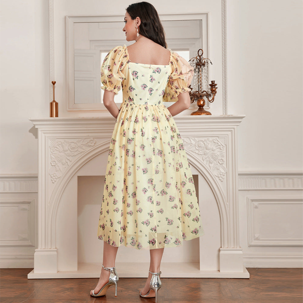 Elegant Puff Sleeve High Waist Dress in - by Malbusaat