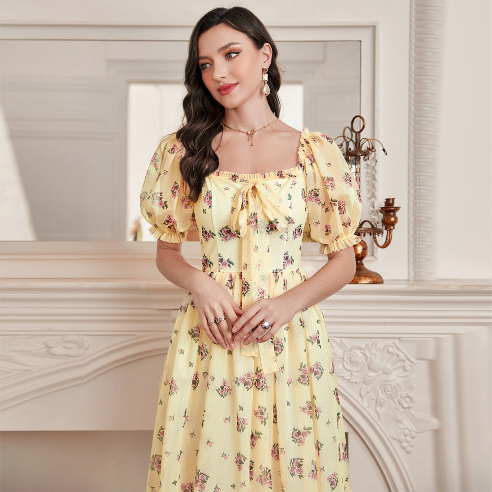 Elegant Puff Sleeve High Waist Dress in - by Malbusaat