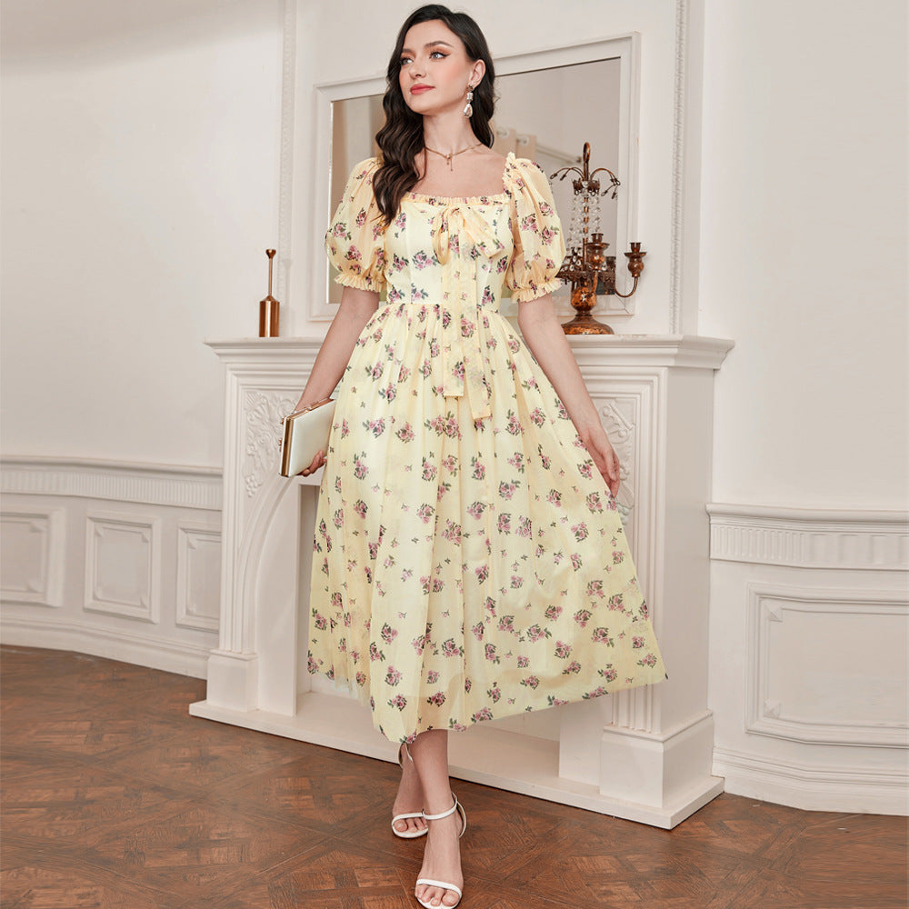 Elegant Puff Sleeve High Waist Dress in Yellow - by Malbusaat