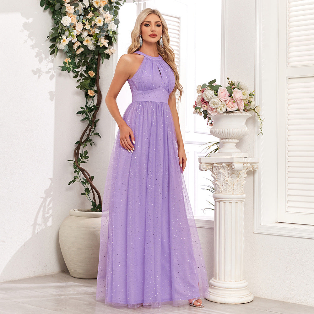 Elegant Sleeveless Halter Mesh Evening Dress in - by Malbusaat