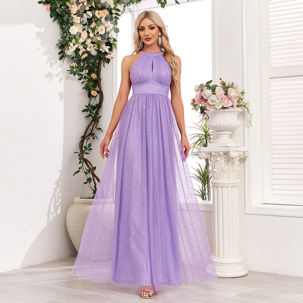 Elegant Sleeveless Halter Mesh Evening Dress in Violet - by Malbusaat