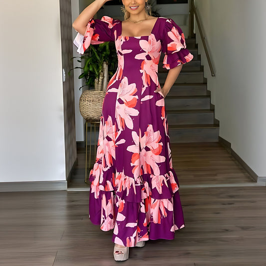 Elegant Square Collar A-Line Dress with Ruffles and Pockets in - by Malbusaat