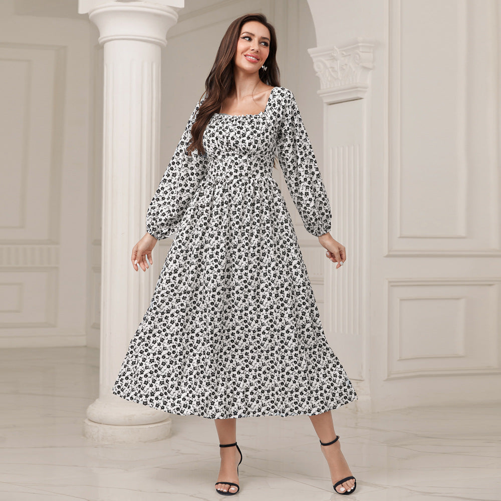 Elegant Square Collar High Waist Floral Maxi Dress in - dresses by Malbusaat
