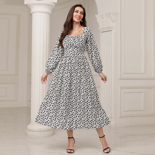 Elegant Square Collar High Waist Floral Maxi Dress in - dresses by Malbusaat