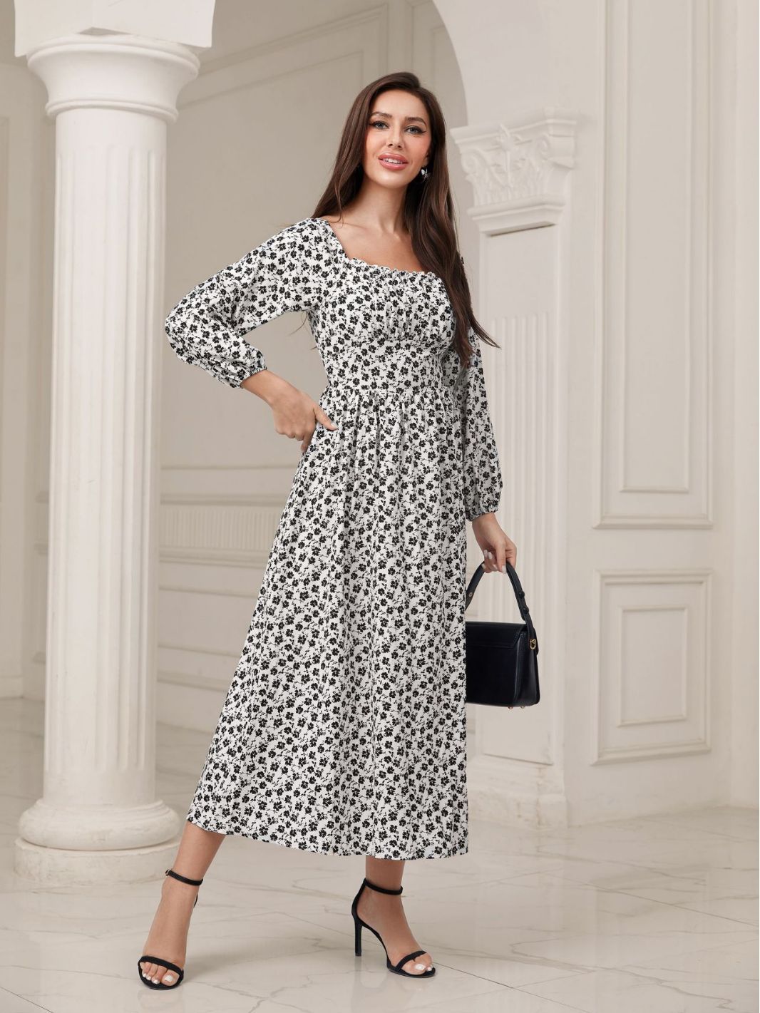 Elegant Square Collar High Waist Floral Maxi Dress in - dresses by Malbusaat