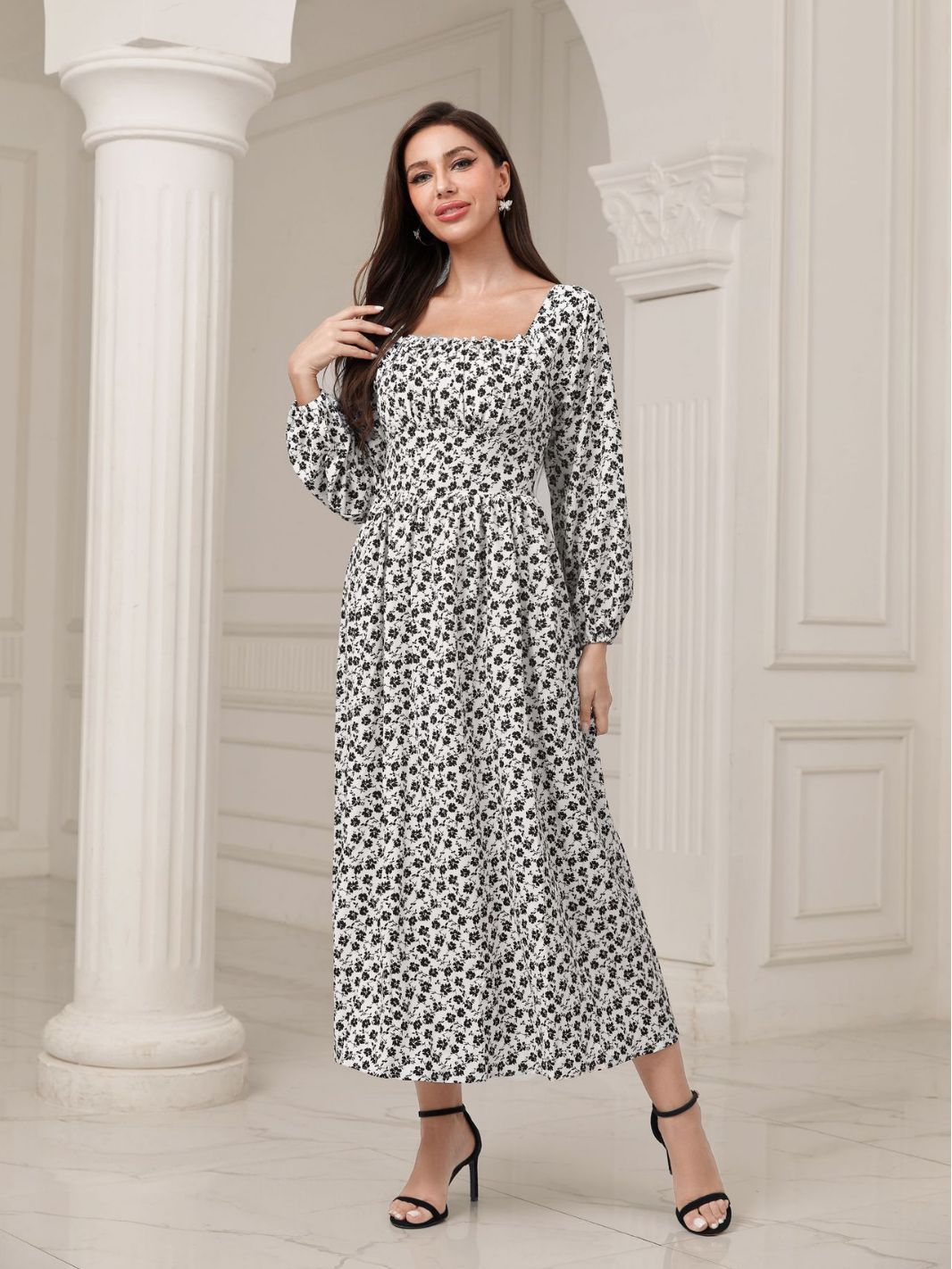 Elegant Square Collar High Waist Floral Maxi Dress in - dresses by Malbusaat