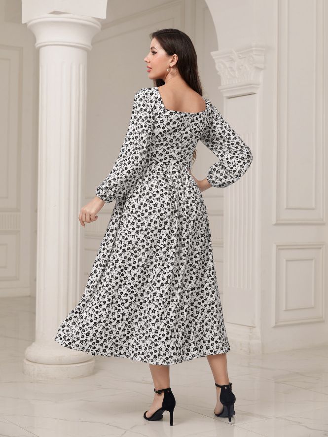 Elegant Square Collar High Waist Floral Maxi Dress in - dresses by Malbusaat