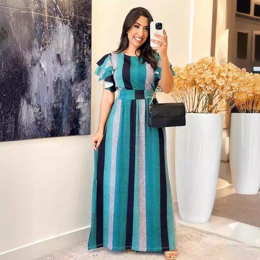 Elegant Striped Maxi Dress with Ruffle Sleeves and Lace-Up Detail in - by Malbusaat