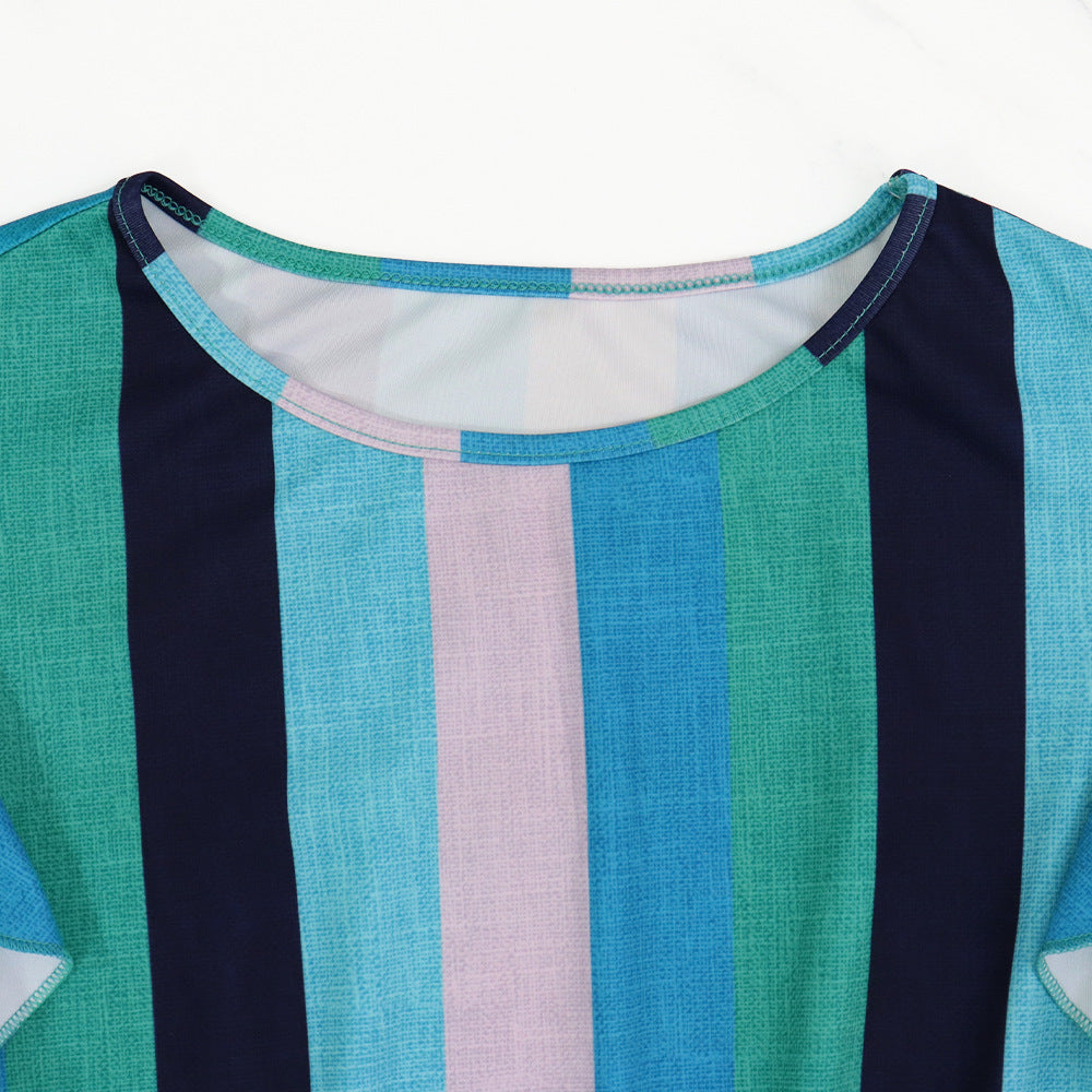 Elegant Striped Maxi Dress with Ruffle Sleeves and Lace-Up Detail in - by Malbusaat
