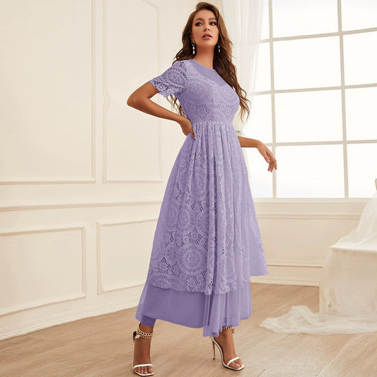 Elegant Summer Lace Stitching Mesh Solid Color Maxi in violet - by Malbusaat