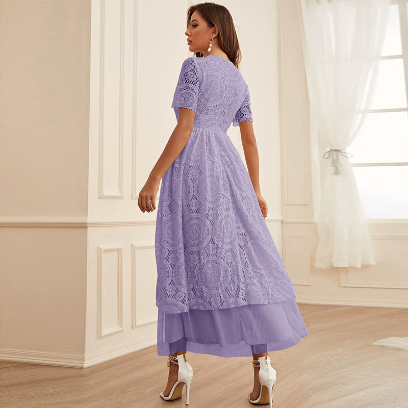 Elegant Summer Lace Stitching Mesh Solid Color Maxi in - by Malbusaat