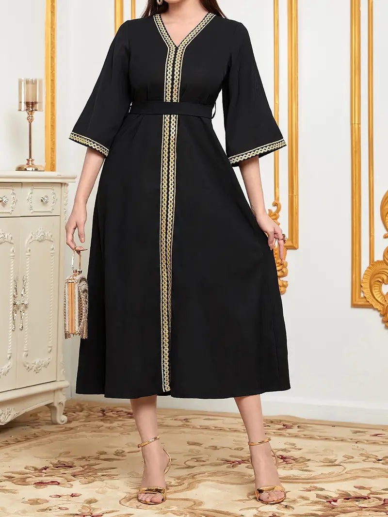 Elegant V-Neck Midi Modest Abaya Maxi Dress in - by Malbusaat