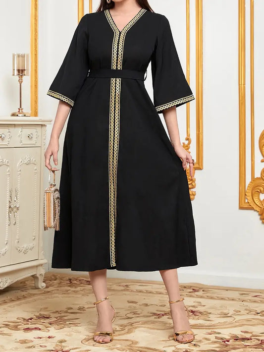 Elegant V-Neck Midi Modest Abaya Maxi Dress in - by Malbusaat
