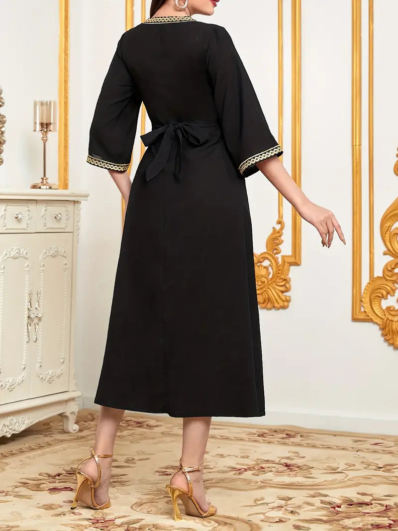 Elegant V-Neck Midi Modest Abaya Maxi Dress in - by Malbusaat