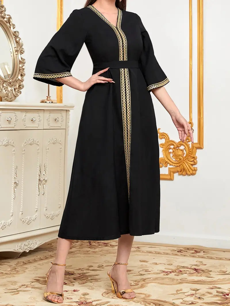 Elegant V-Neck Midi Modest Abaya Maxi Dress in - by Malbusaat