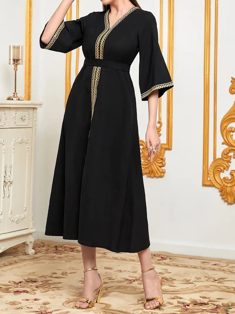 Elegant V-Neck Midi Modest Abaya Maxi Dress in - by Malbusaat