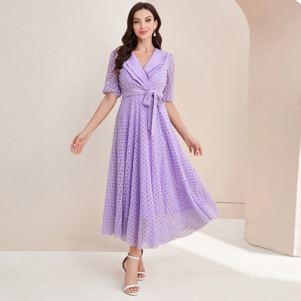 Elegant V-neck Lace Waist Maxi Dress in - by Malbusaat