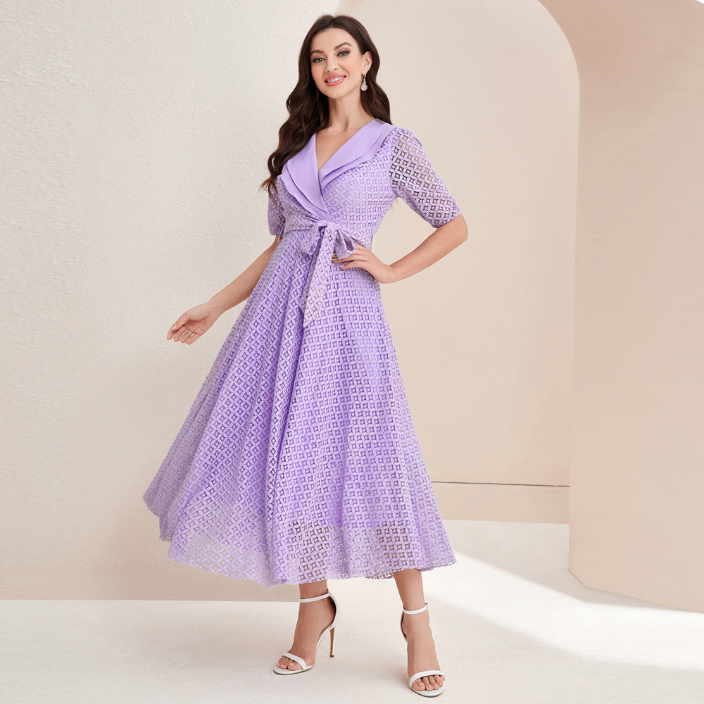 Elegant V-neck Lace Waist Maxi Dress in - by Malbusaat