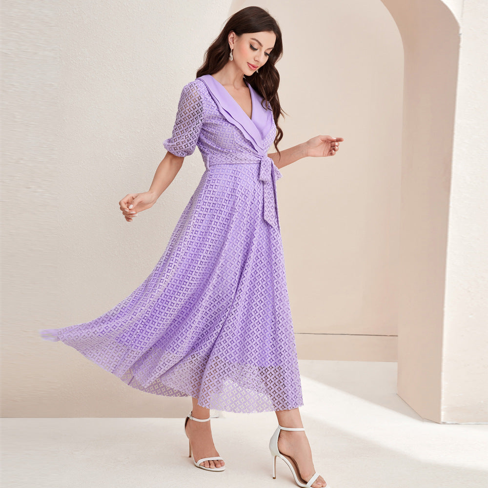 Elegant V-neck Lace Waist Maxi Dress in - by Malbusaat