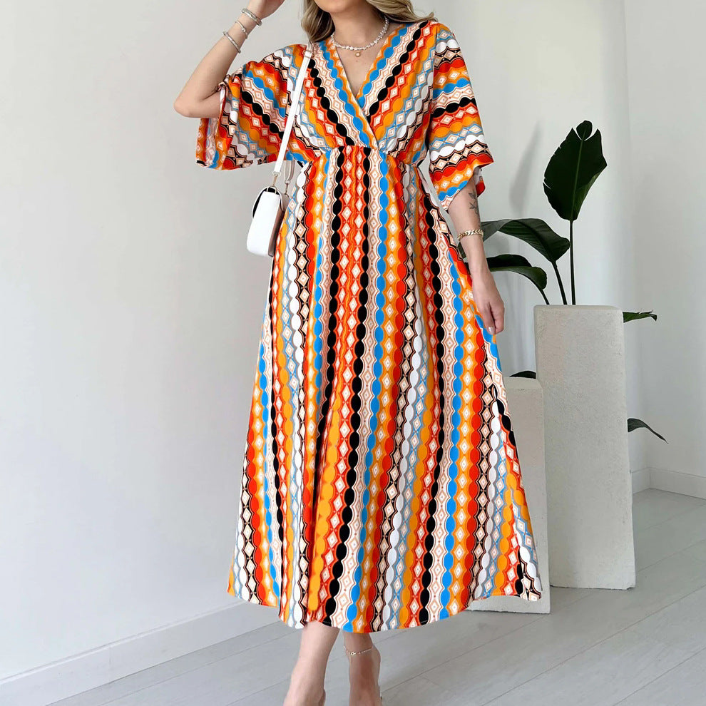Elegant V Neck Striped Maxi Dress for Vacation in - by Malbusaat
