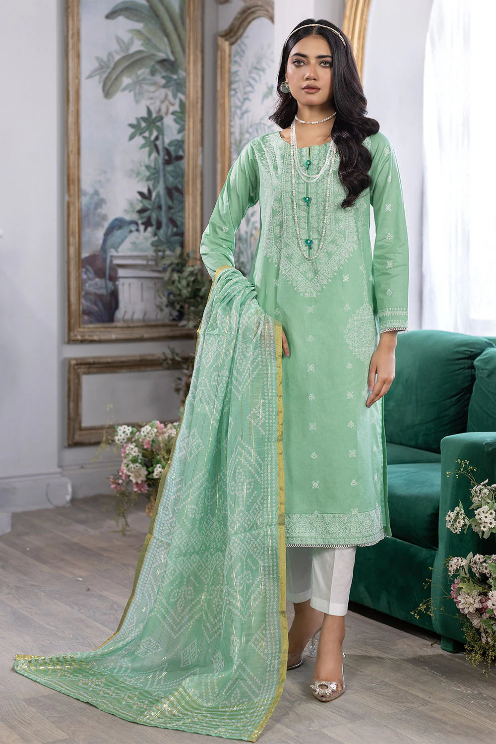 Emboss Printed Lawn 3 Pc Suit in - Pakistani Dress by Malbusaat