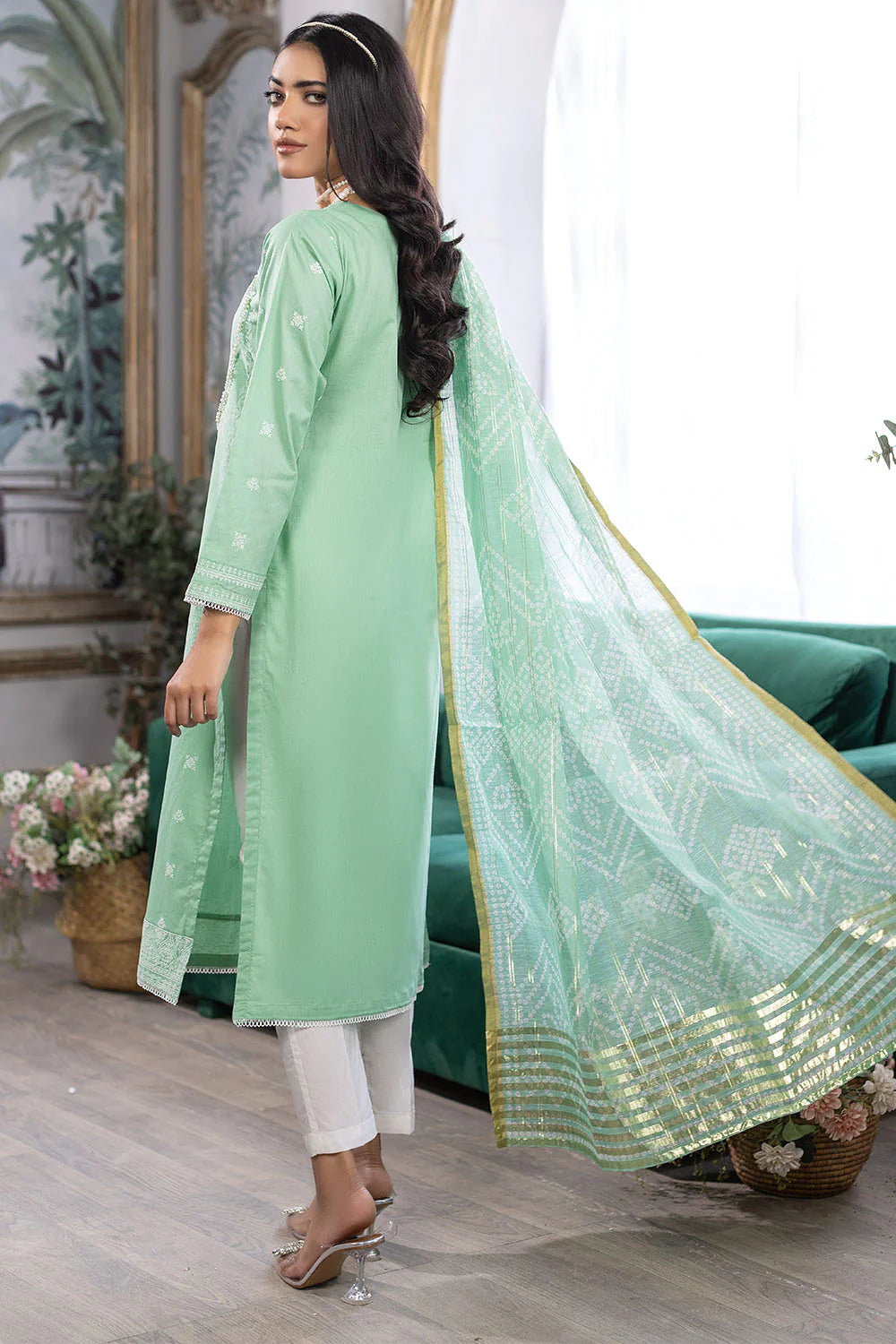 Emboss Printed Lawn 3 Pc Suit in - Pakistani Dress by Malbusaat