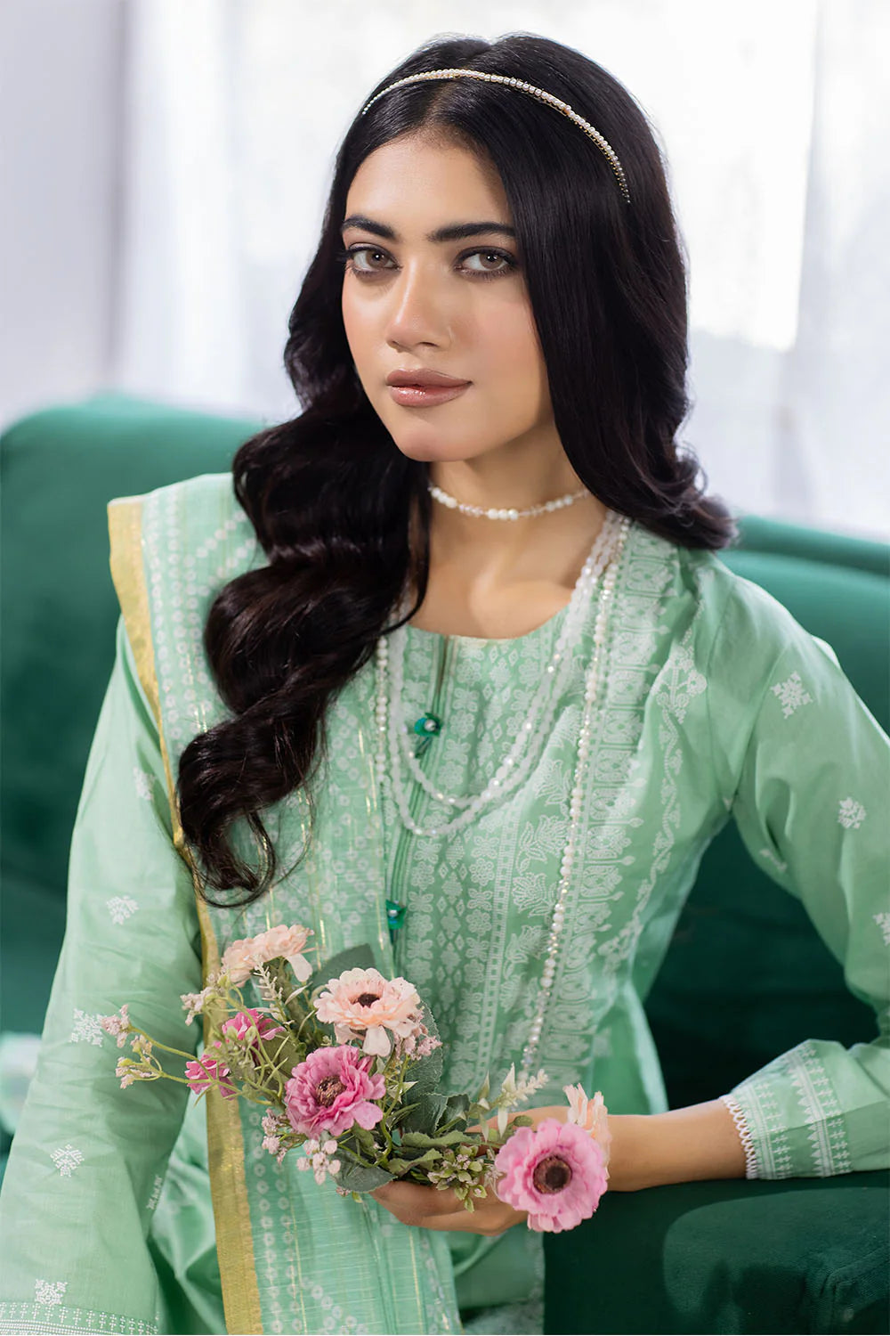 Emboss Printed Lawn 3 Pc Suit in - Pakistani Dress by Malbusaat