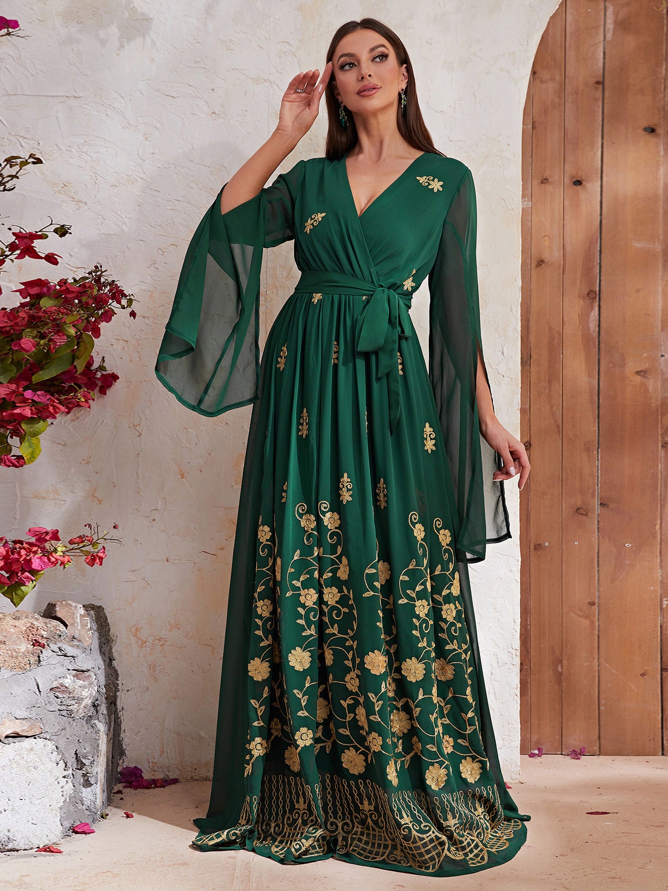 Embroidered Chiffon Maxi Dress in Blackish Green - by Malbusaat