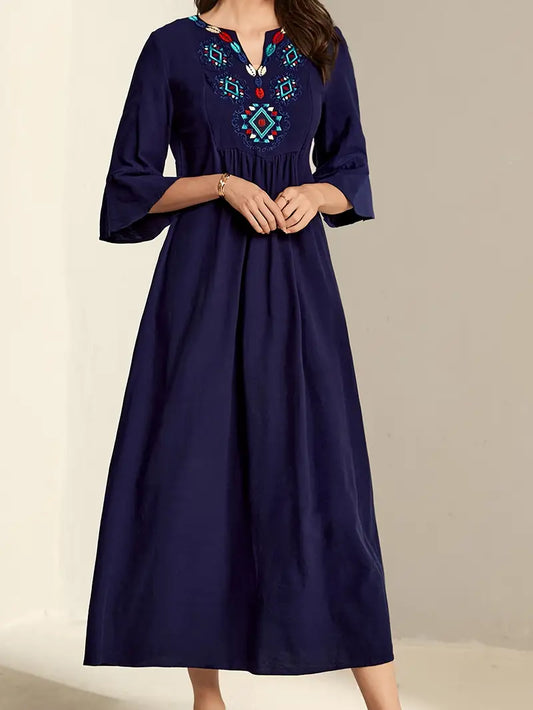 Embroidered Notched Neck Maxi Dress in - Maxi Dress by Malbusaat