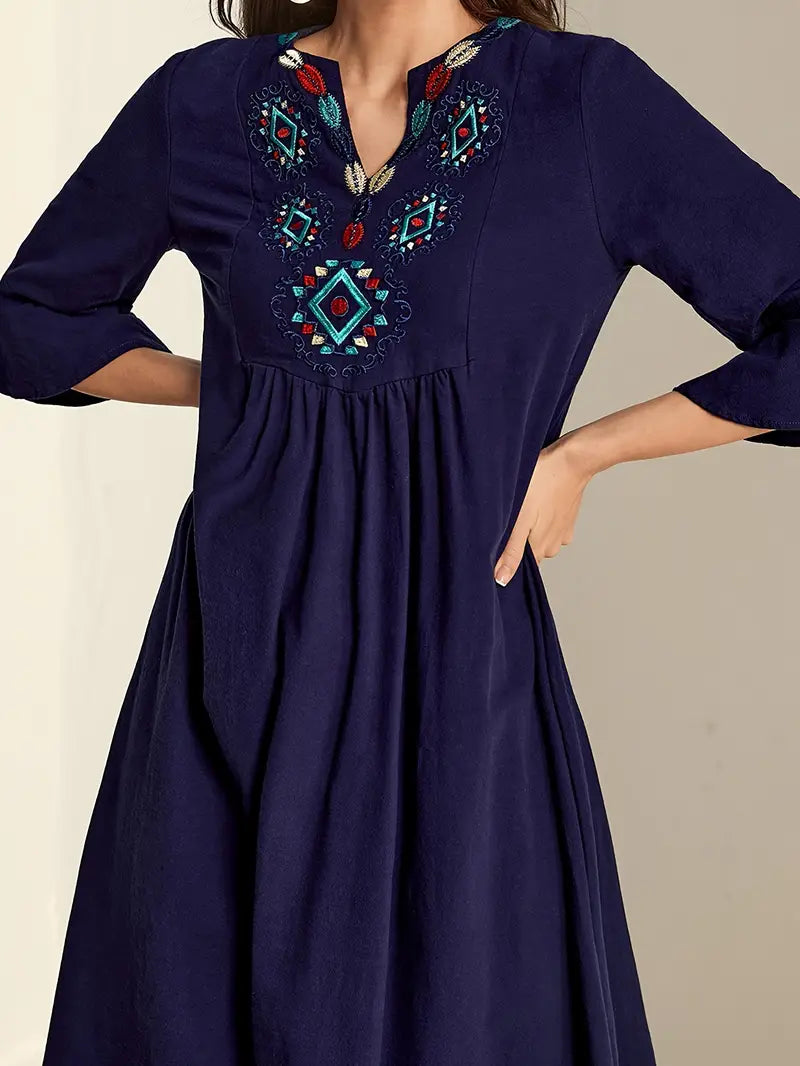 Embroidered Notched Neck Maxi Dress in - Maxi Dress by Malbusaat