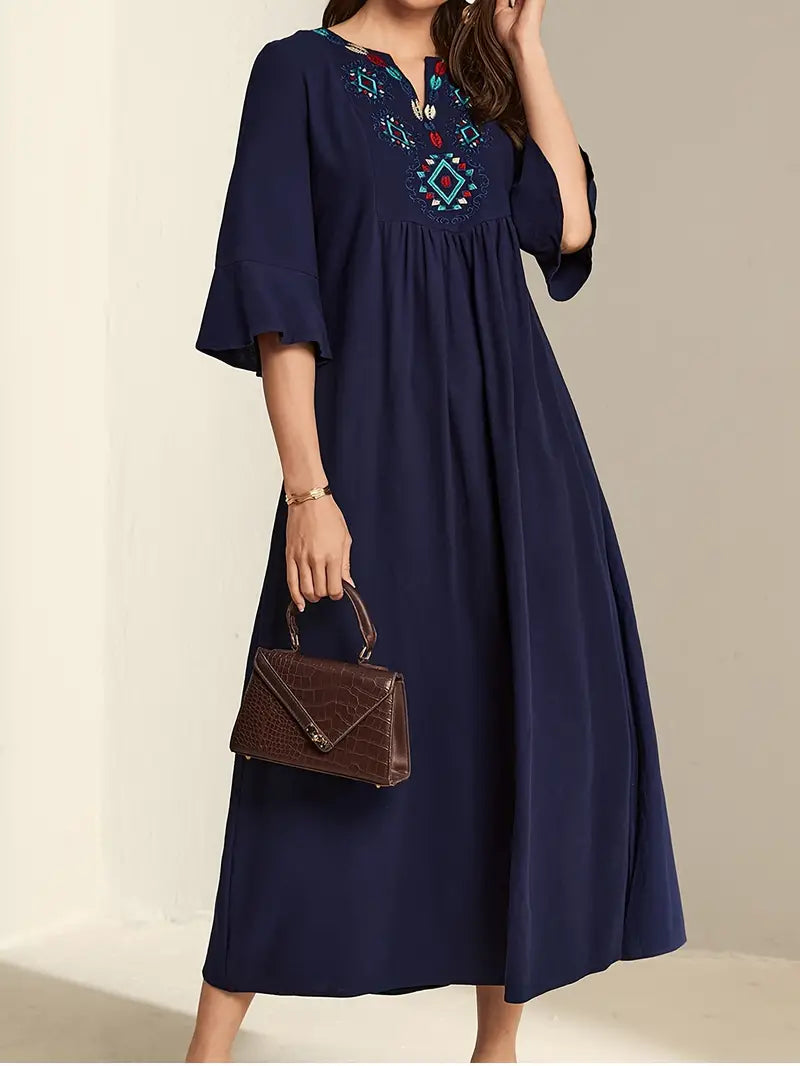Embroidered Notched Neck Maxi Dress in - Maxi Dress by Malbusaat