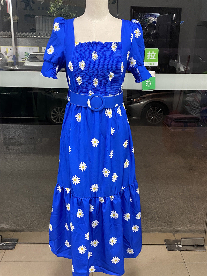 Floral Graphic Midi Dress with Square Neck and Puff Sleeves in - by Malbusaat
