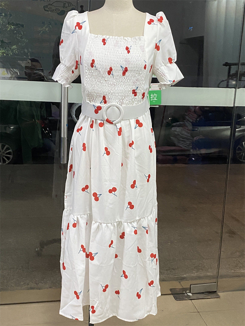 Floral Graphic Midi Dress with Square Neck and Puff Sleeves in White - by Malbusaat