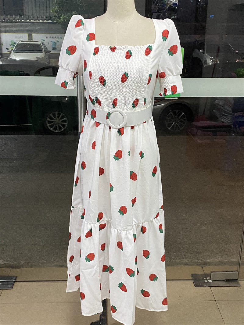 Floral Graphic Midi Dress with Square Neck and Puff Sleeves in White-1 - by Malbusaat