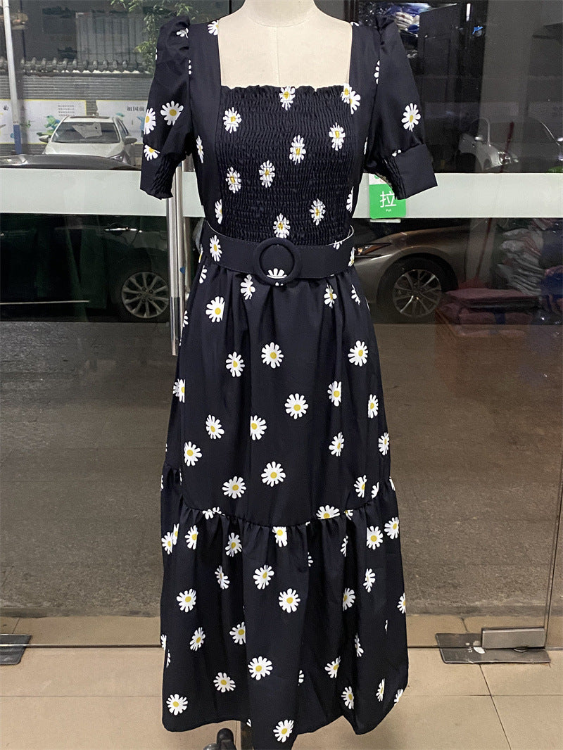 Floral Graphic Midi Dress with Square Neck and Puff Sleeves in Black - by Malbusaat