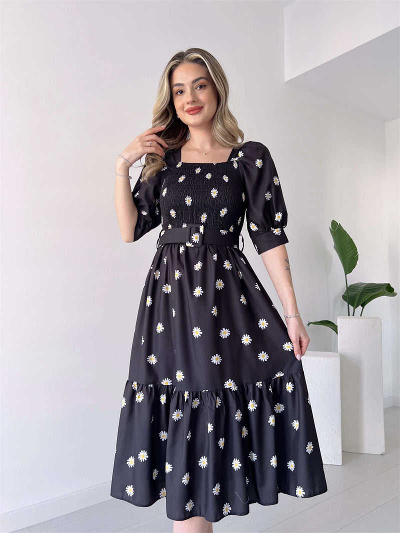 Floral Graphic Midi Dress with Square Neck and Puff Sleeves in - by Malbusaat