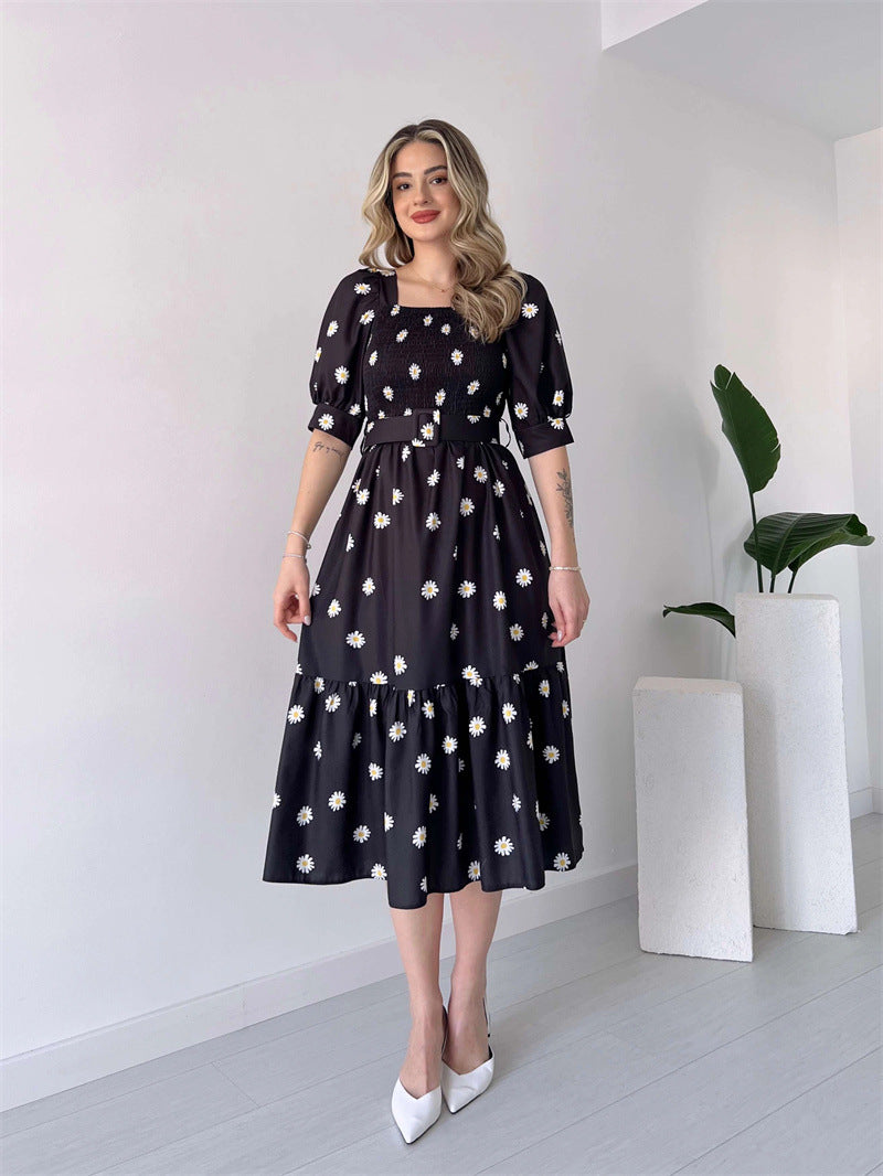 Floral Graphic Midi Dress with Square Neck and Puff Sleeves in - by Malbusaat