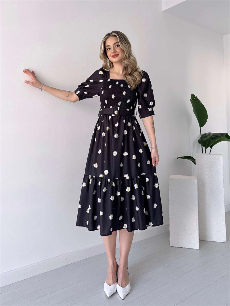 Floral Graphic Midi Dress with Square Neck and Puff Sleeves in - by Malbusaat