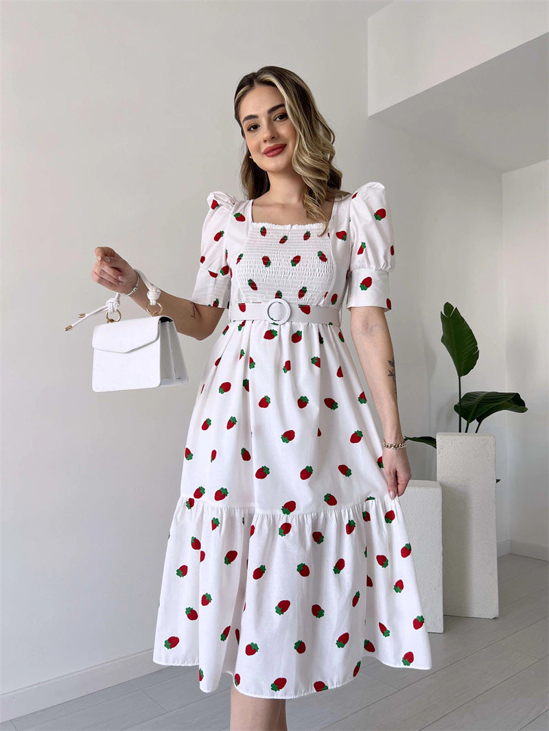 Floral Graphic Midi Dress with Square Neck and Puff Sleeves in - by Malbusaat