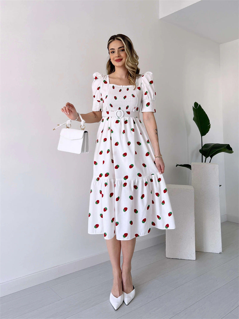 Floral Graphic Midi Dress with Square Neck and Puff Sleeves in - by Malbusaat