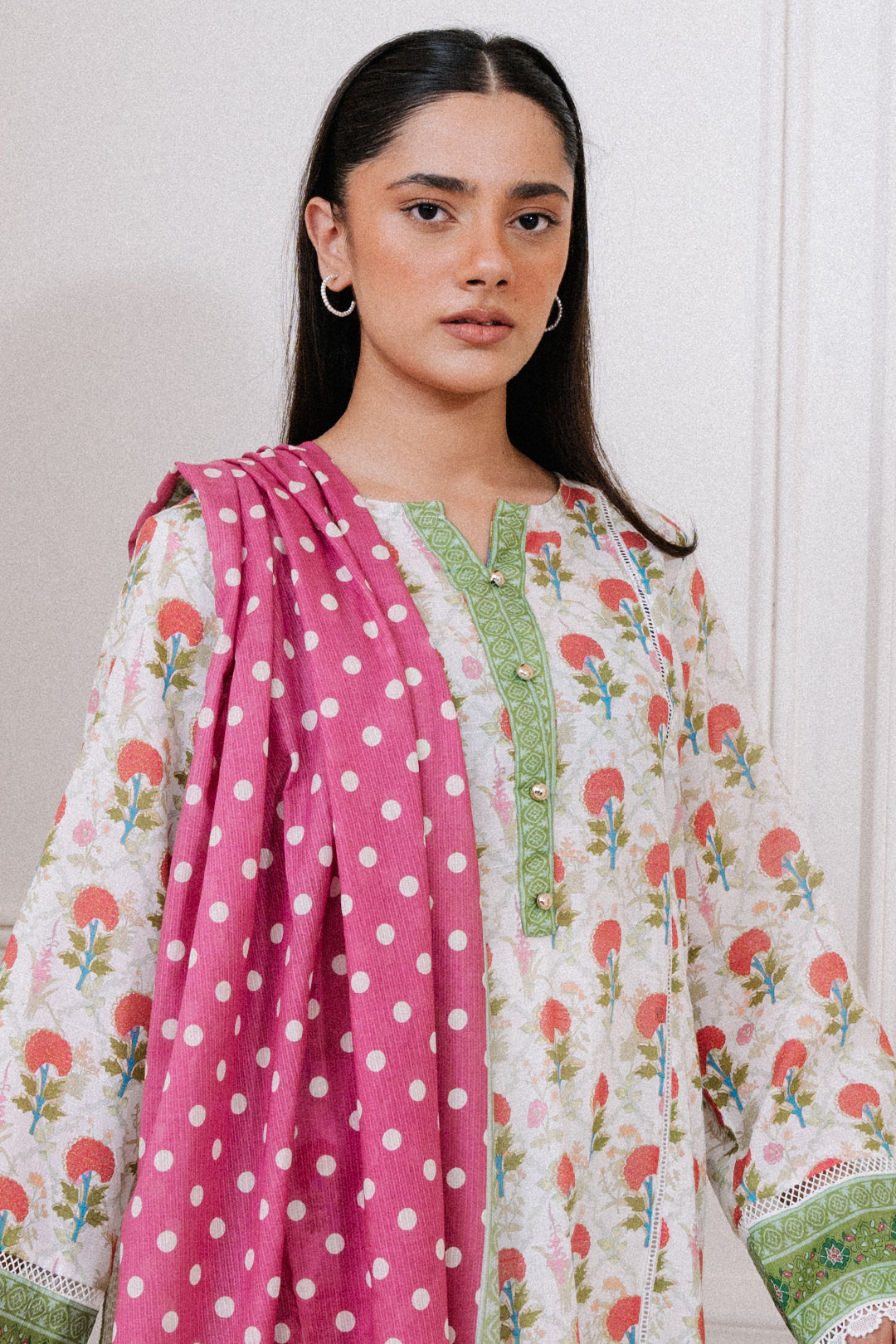 Floral Kurta with Polka Dot Scarf in - Pakistani Dresses by Malbusaat