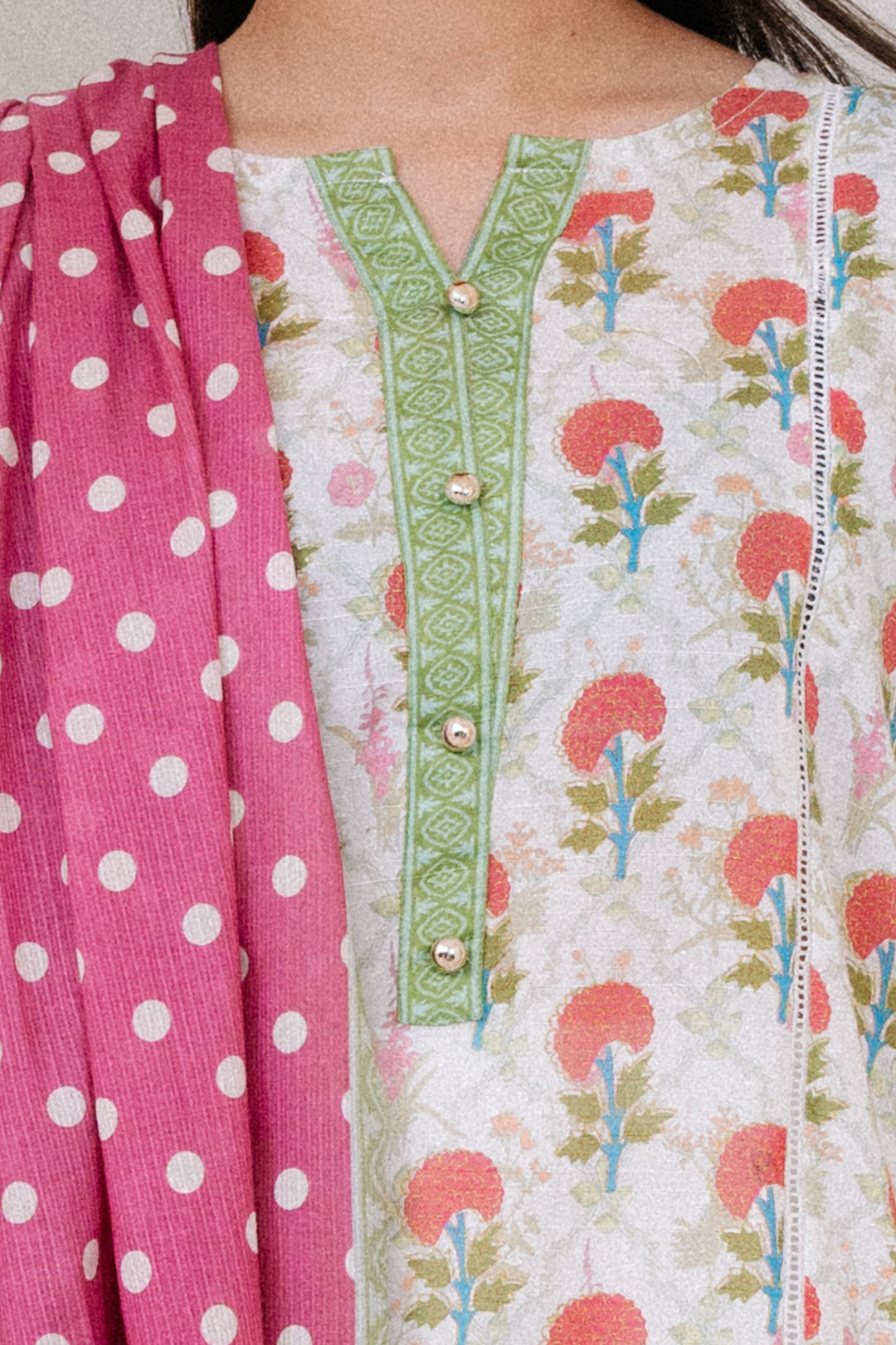 Floral Kurta with Polka Dot Scarf in - Pakistani Dresses by Malbusaat