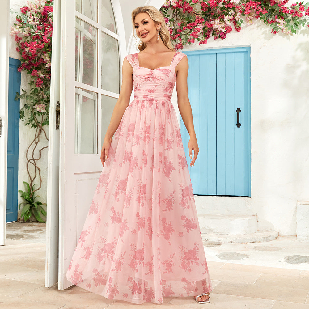 Floral Pleated Double U-Neck Spaghetti Strap Maxi in Pink - by Malbusaat