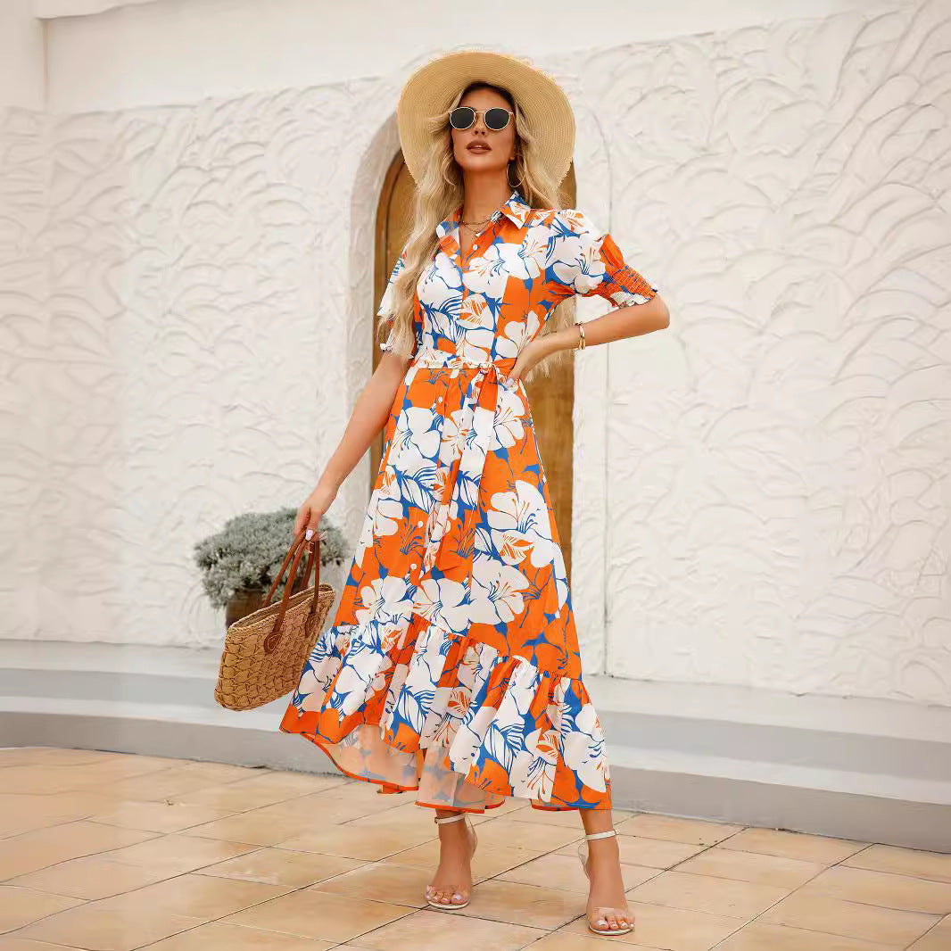 Floral Polo Collar Maxi Dress in - by Malbusaat