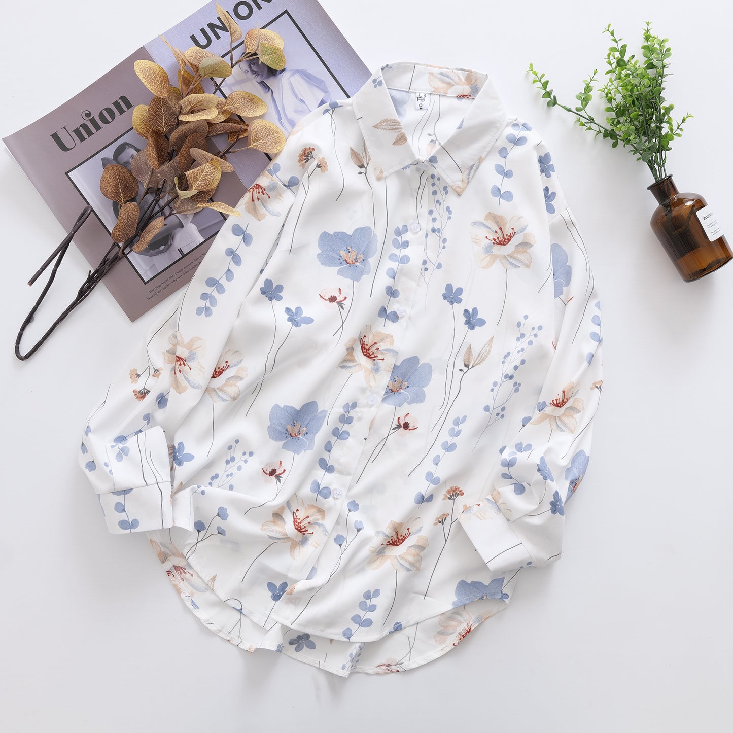 Floral Print Collared Long Sleeve Shirt Top in - by Malbusaat