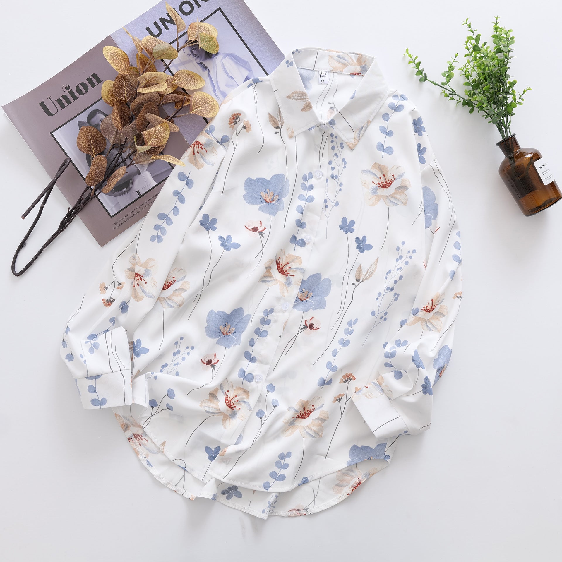 Floral Print Collared Long Sleeve Shirt Top in - by Malbusaat