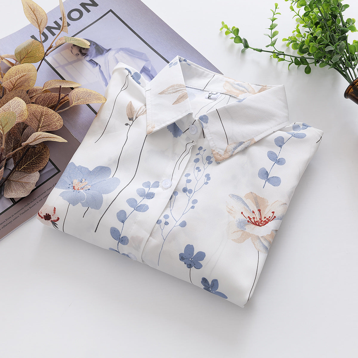 Floral Print Collared Long Sleeve Shirt Top in - by Malbusaat