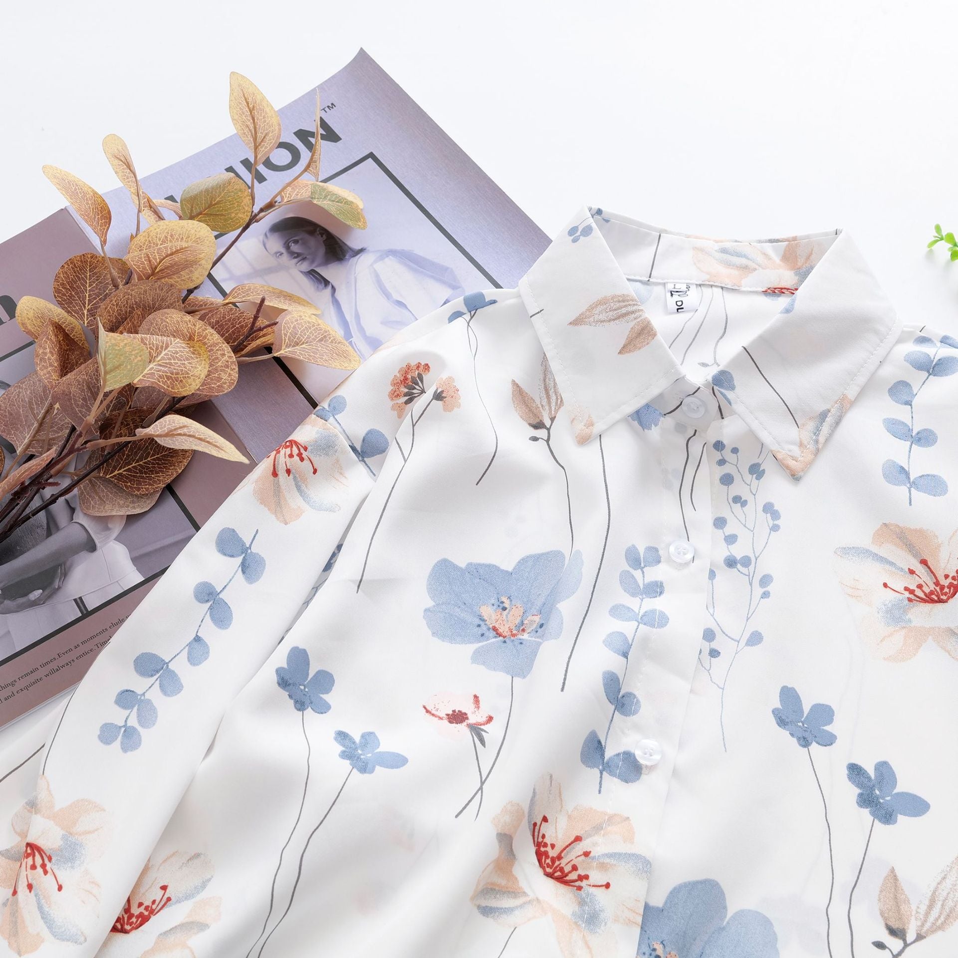Floral Print Collared Long Sleeve Shirt Top in - by Malbusaat