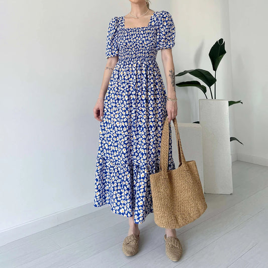 Floral Puff Sleeve Maxi Dress with Square Neck in - by Malbusaat