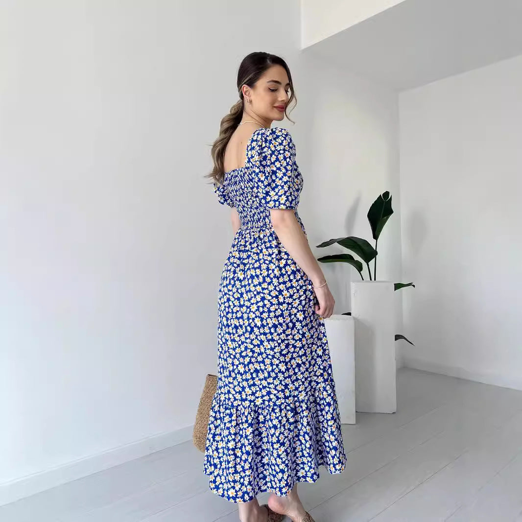 Floral Puff Sleeve Maxi Dress with Square Neck in - by Malbusaat